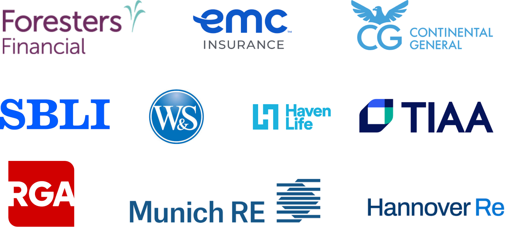 Afficiency carrier and reinsurer partners — Foresters Financial, EMC Insurance, Continental General, SBLI, Western & Southern, Haven Life, TIAA, RGA, Munich RE, Hannover Re